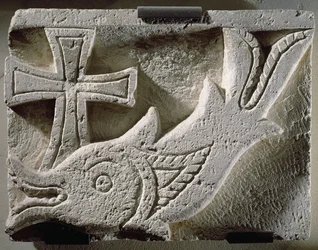 Relief depicting a fish and a cross, from the cemetery of Ermant, 4th-5th century